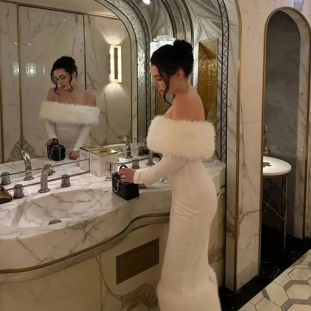 Ofherown Elegant Off Shoulder White Midi Evening Dress with Faux Fur Long Sleeve Bodycon Party Dress Women Luxury Cocktail Gowns