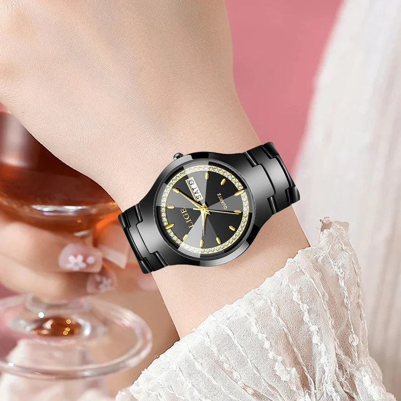 LIGE Brand Woman Watch Ceramics Strap Simple Waterproof Calendar Week Quartz Watches for Women Elegant Ladies Bracelet for Gifts