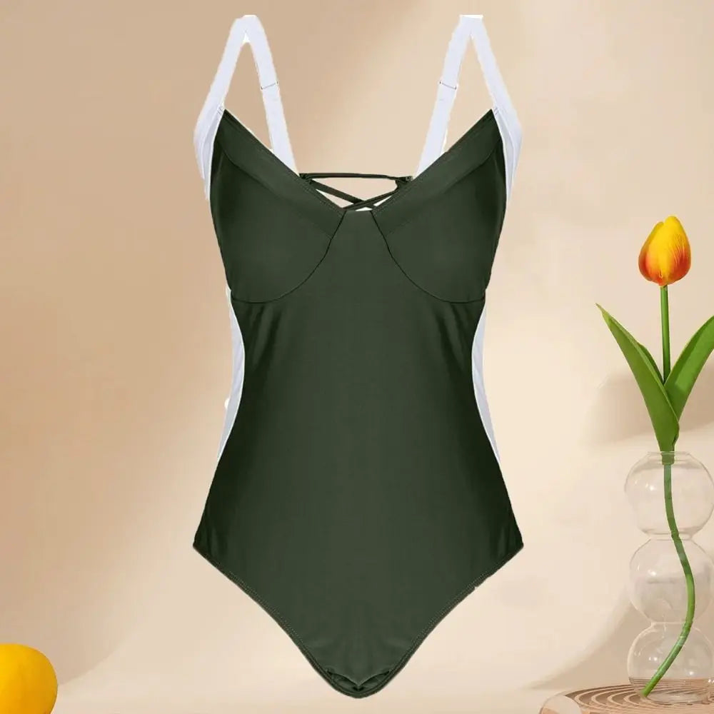 Fashion Patchwork Bodysuit Swimsuit Slim Fit Hollow Bathing Swimwear V-neck Beachwear Clothing Jumpsuit Bikini Ladies