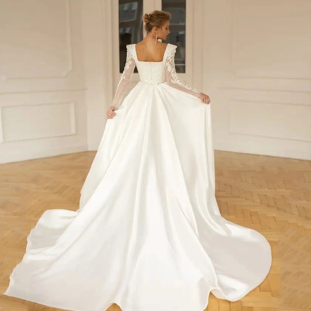 Elegant Square Neck Wedding Dresses For Woman Full Sleeves Side Silt Bridal Gowns With Applique 2025 New vestidos de noviaEl