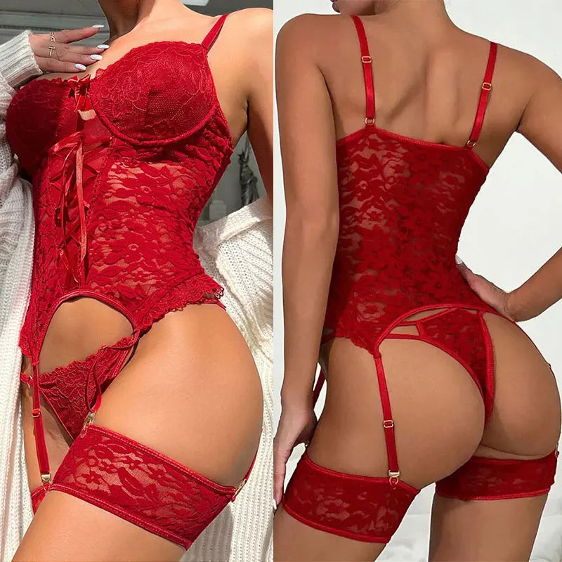 erotic lingerie set women intimates sexy sheer lace bra+ garter belt+thong sexy underwear bodysuits