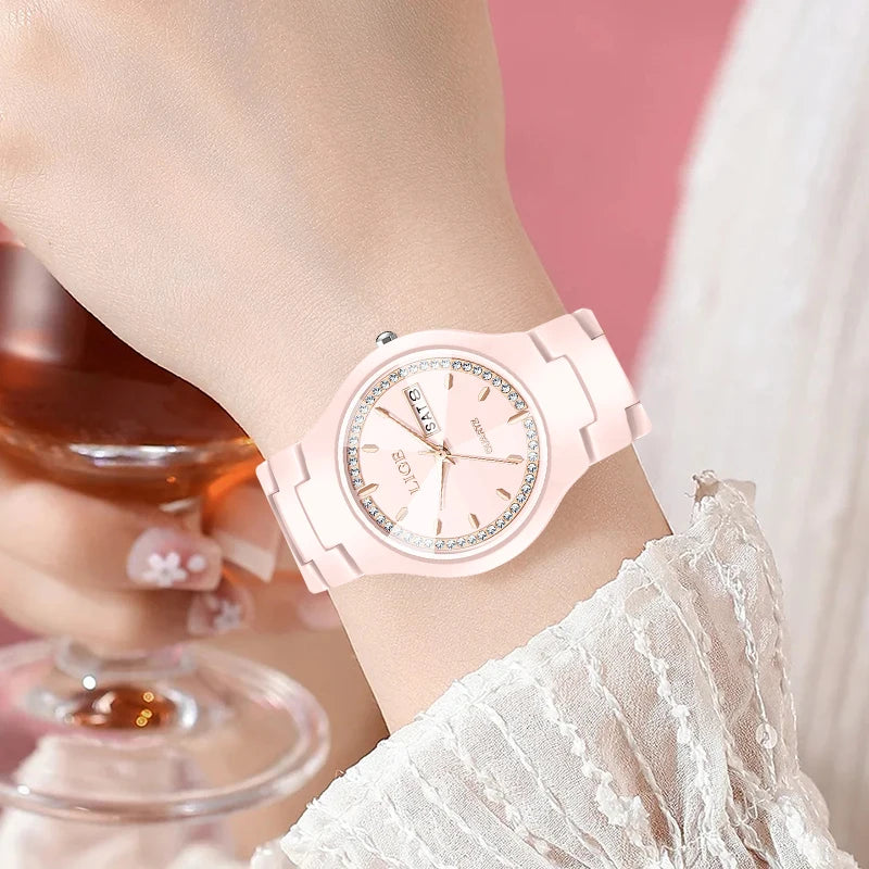 LIGE Brand Woman Watch Ceramics Strap Simple Waterproof Calendar Week Quartz Watches for Women Elegant Ladies Bracelet for Gifts
