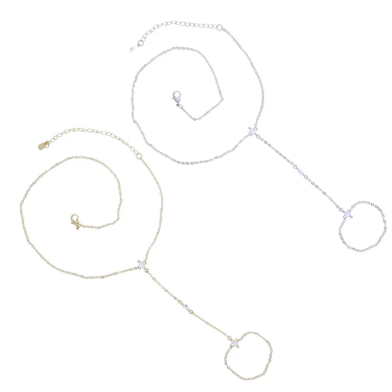 2025 New Geometric Marquise Cubic Zirconia CZ Paved Double Wrist Hand Chain Bracelet Simple Fashion Women Finger Slave Jewelry