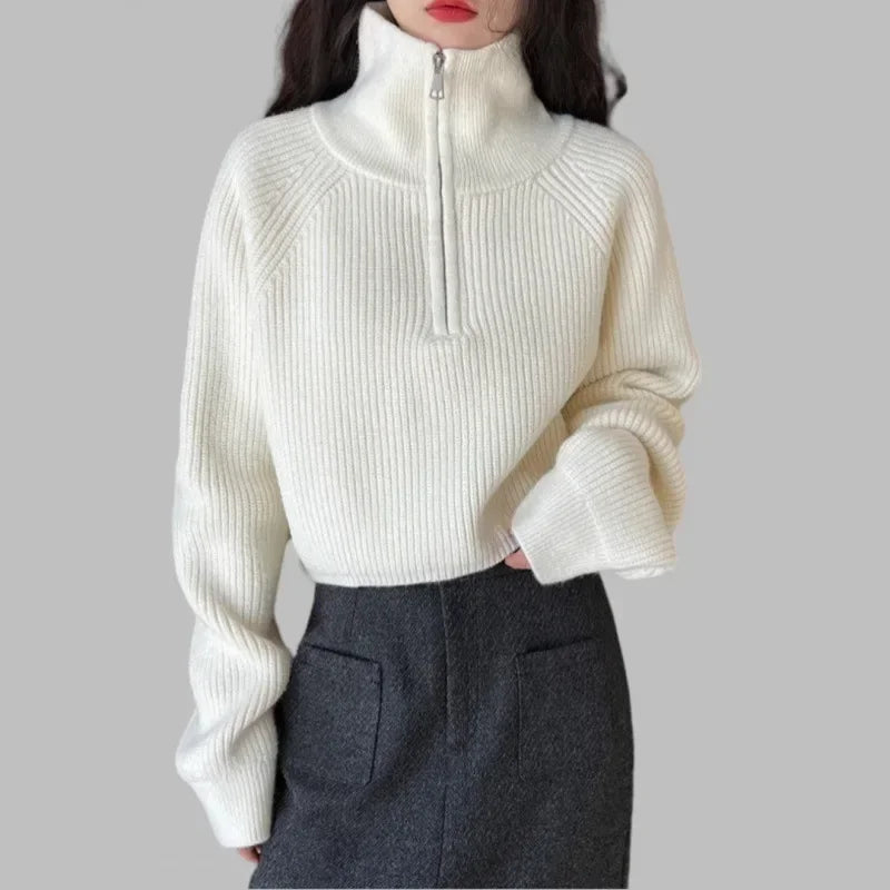 Red Thickened Short Knitted Sweater Women's Half High Collar Zipper Design Spring New Loose Fit High Waist Mmao Knitwear