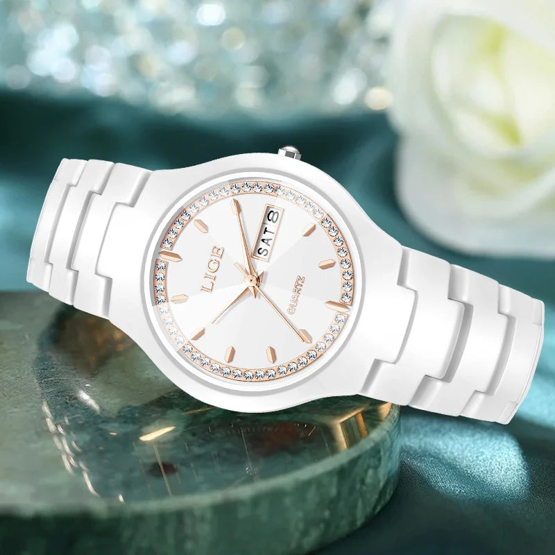 LIGE Brand Woman Watch Ceramics Strap Simple Waterproof Calendar Week Quartz Watches for Women Elegant Ladies Bracelet for Gifts