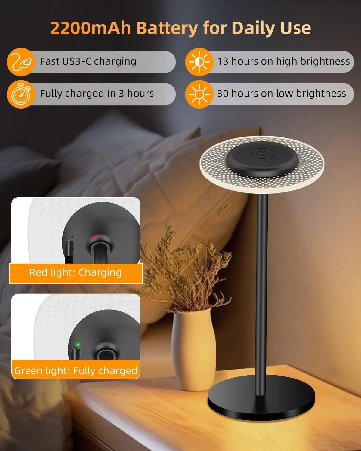 LED Table Lamp Wireless Desk Lamp Bedside Light Touch Dimmable RGBW Warm Light USB-C Charging 2200mAh Battery IP54 Waterproof