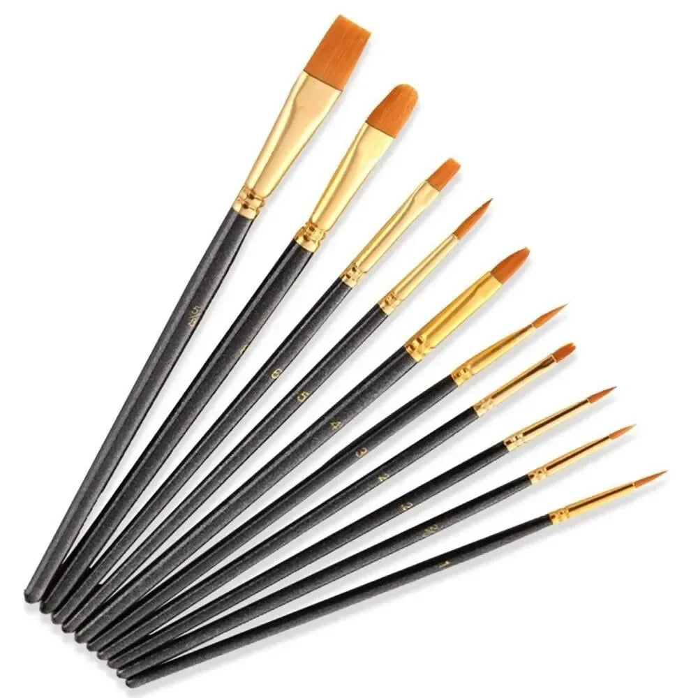 10Pcs Nylon Hair Paint Brushes Set for Painting by Numbers Watercolor Gouache Art Supplies Different Shapes Round Tip