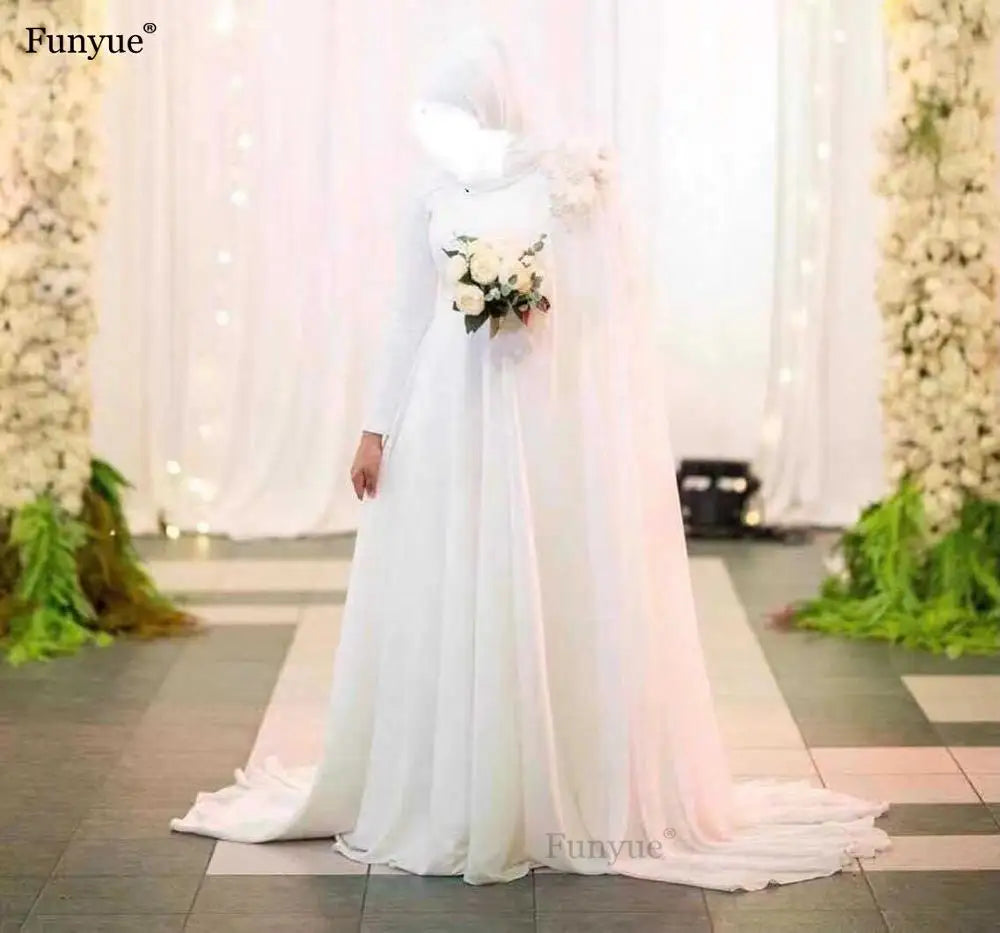 Customized Muslim Long Sleeve Wedding Dresses A-Line Vestido De Noiva Flowers Chiffon Elegant Dubai Arabic Hajab Bridal Gowns