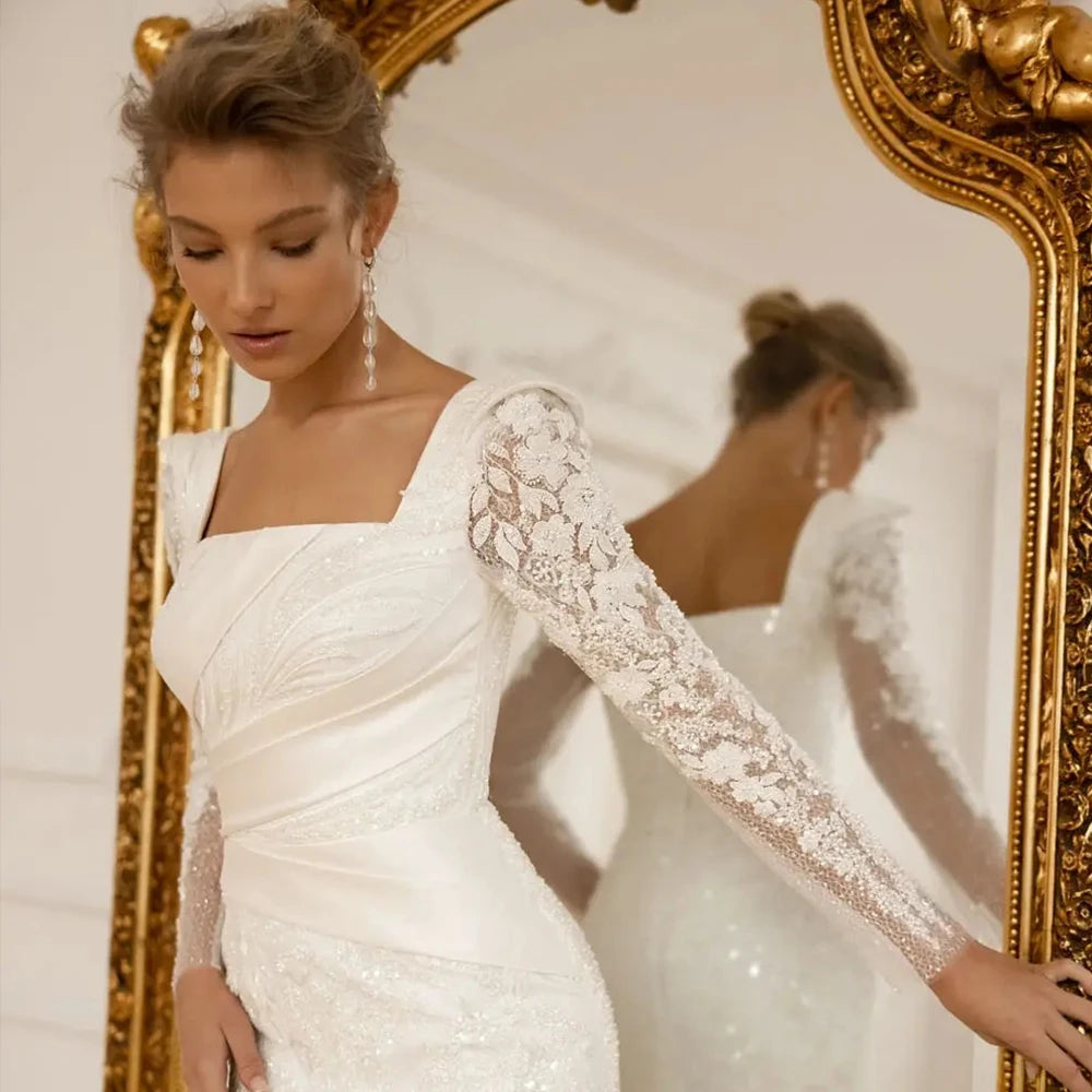 Elegant Square Neck Wedding Dresses For Woman Full Sleeves Side Silt Bridal Gowns With Applique 2025 New vestidos de noviaEl