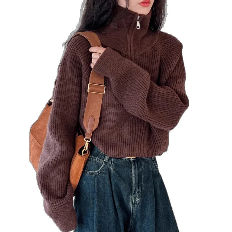 Red Thickened Short Knitted Sweater Women's Half High Collar Zipper Design Spring New Loose Fit High Waist Mmao Knitwear