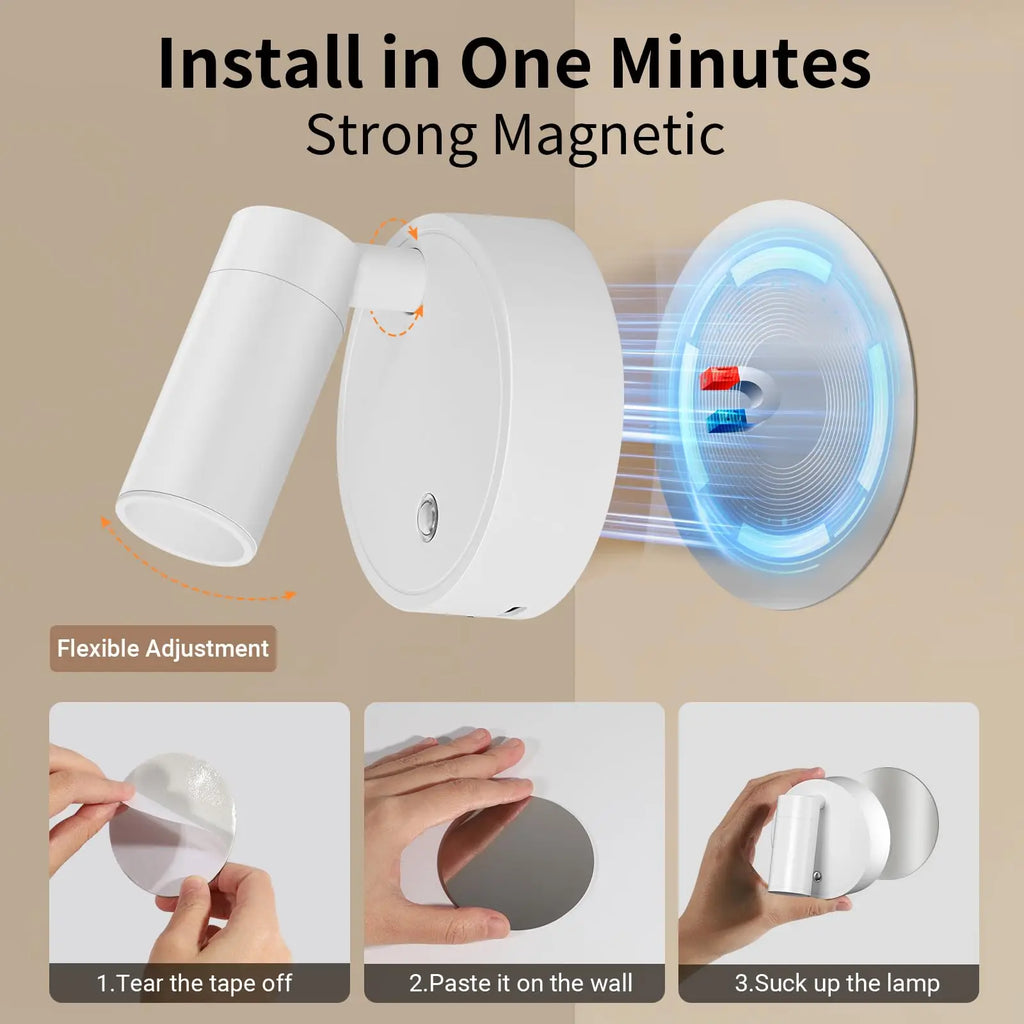 Magnetic Base USB Rechargeable LED Cordless Wall Light with Touch Switch Black White Magnet Dimmable Bedside Lamp for Reading
