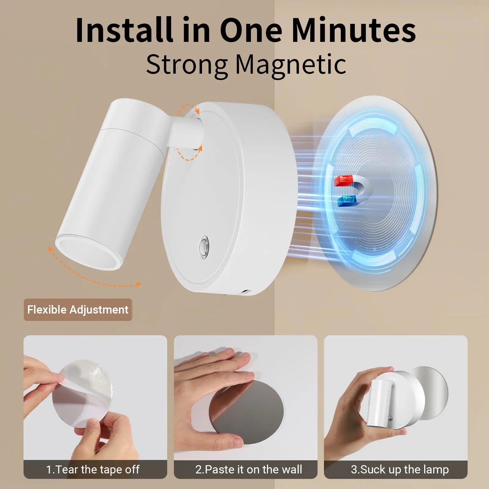 Magnetic Base USB Rechargeable LED Cordless Wall Light with Touch Switch Black White Magnet Dimmable Bedside Lamp for Reading