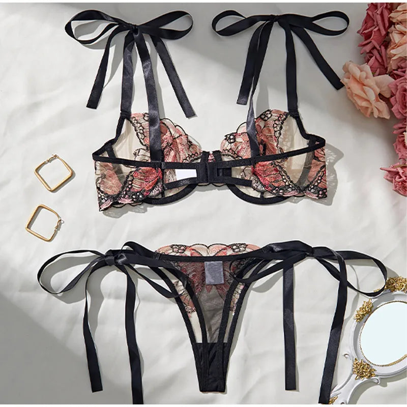 Lady 2 Pieces Sexy Lingerie Women Elegant Tie Up Bowknot See Through Sexy Butterfly Bra Panty Cute Girl Intimate Underwear Set