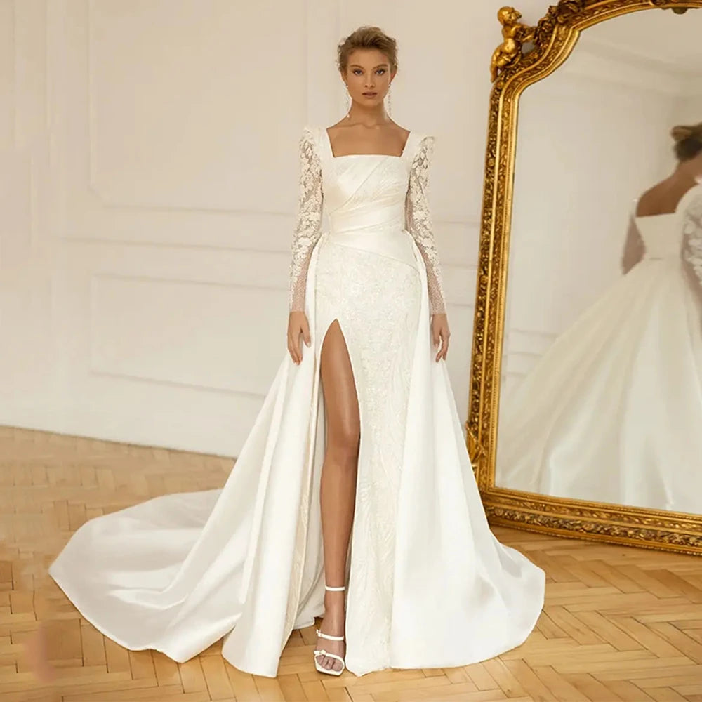 Elegant Square Neck Wedding Dresses For Woman Full Sleeves Side Silt Bridal Gowns With Applique 2025 New vestidos de noviaEl