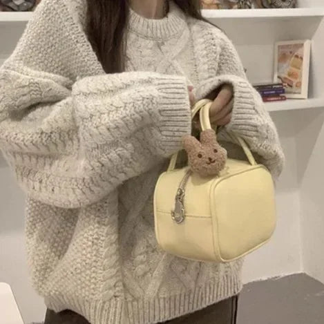 Thickened Autumn Winter Vintage Twisted Sweater Women's Loose Lazy Style round Neck Knitted Short Top Crew Neck Knitwear