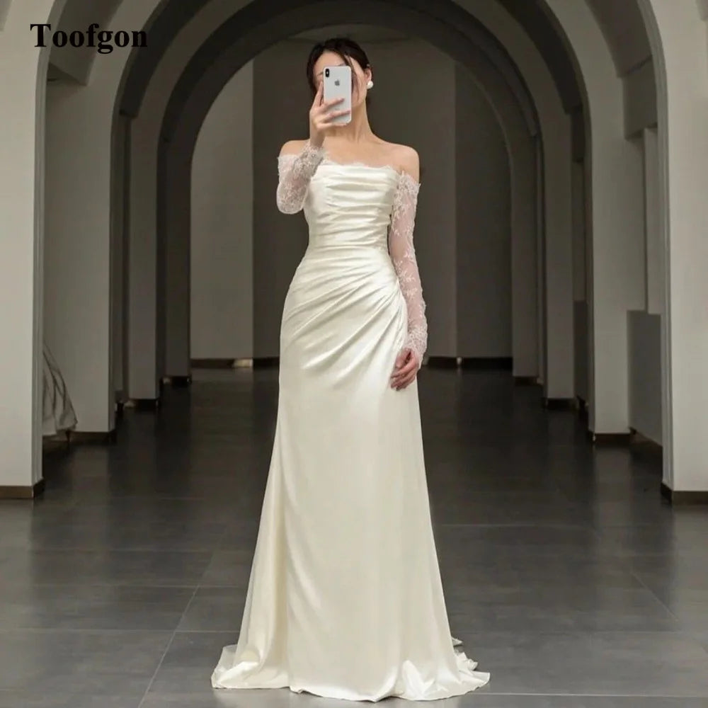 Toofgon Customized Lace Long Sleeves Wedding Dresses Sheath Pleats Spandex Satin Wedding Bridal Gowns Bride Formal Party Dress