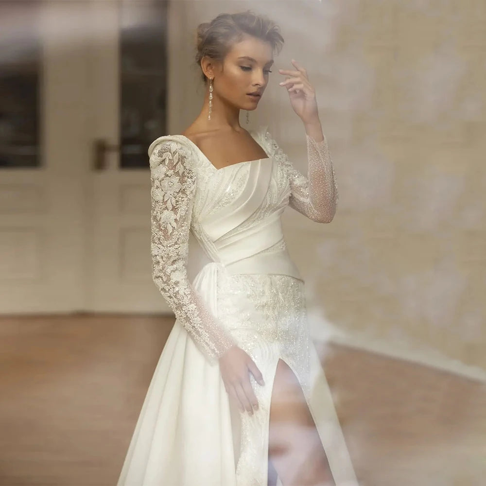 Elegant Square Neck Wedding Dresses For Woman Full Sleeves Side Silt Bridal Gowns With Applique 2025 New vestidos de noviaEl