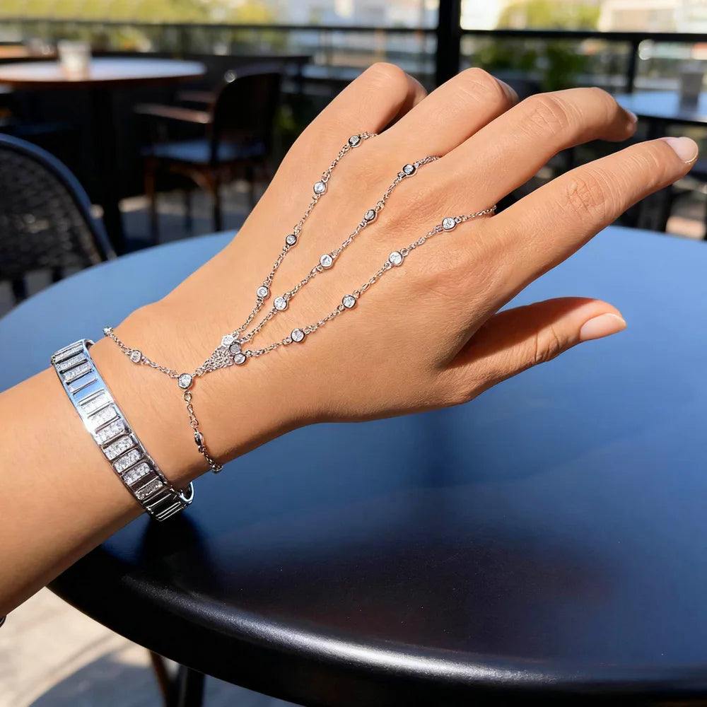 2025 New Geometric Marquise Cubic Zirconia CZ Paved Double Wrist Hand Chain Bracelet Simple Fashion Women Finger Slave Jewelry