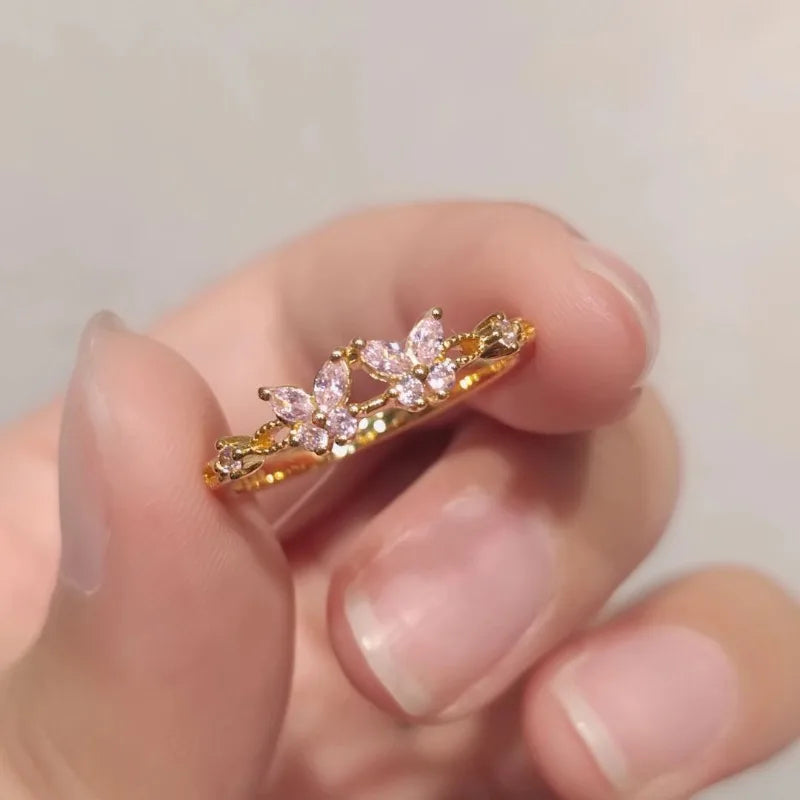 2025 Spring and Summer Mori Light Luxury Ring Niche Design Open Index Finger Ring Frozen Pink Butterfly Ring Butterfly Girl