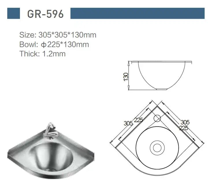 Stainless Steel 304 Hand Wash Basin Corner Kitchen Sink For RV/Caravan/Yacht/Motorhome Train GR-596 1.2mm Thick
