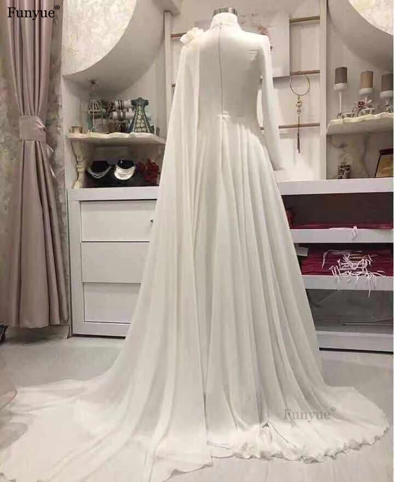 Customized Muslim Long Sleeve Wedding Dresses A-Line Vestido De Noiva Flowers Chiffon Elegant Dubai Arabic Hajab Bridal Gowns