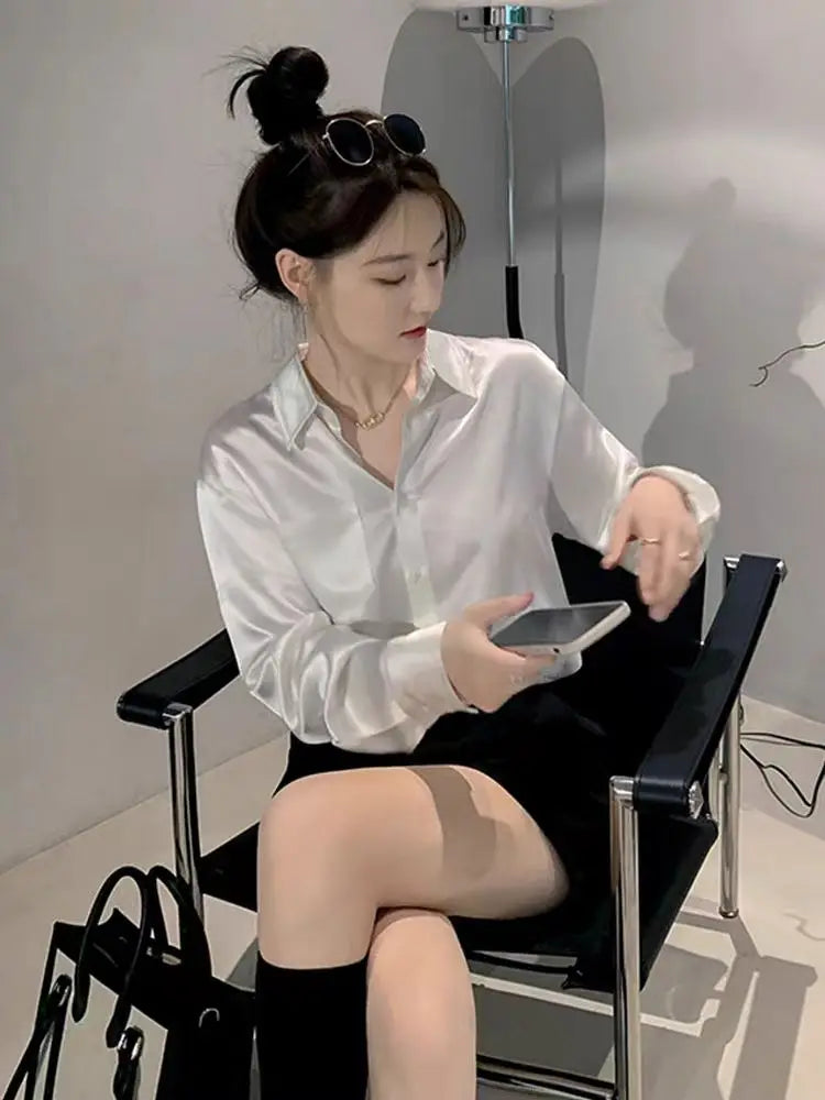 Spring White Satin Women Shirts Long Sleeve Button Solid Color Blouse Casual Office Lady Shirt Elegant Female Tops Fashion