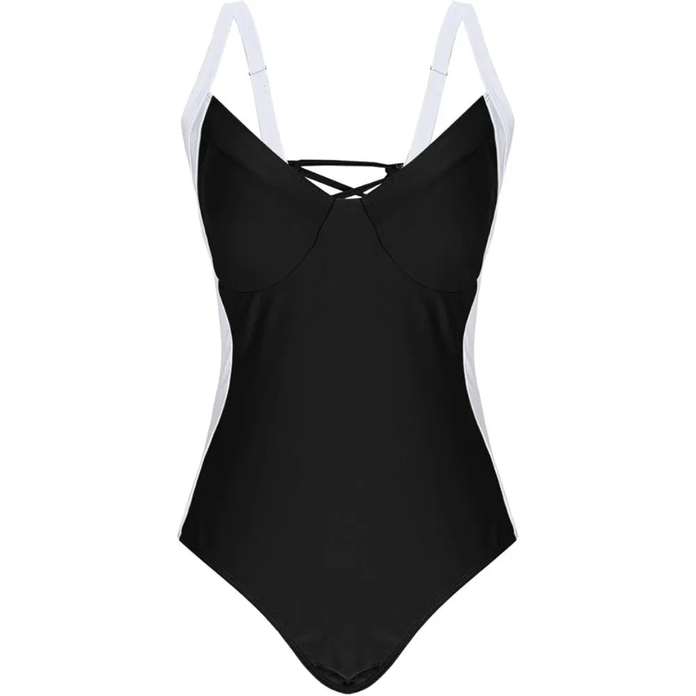 Fashion Patchwork Bodysuit Swimsuit Slim Fit Hollow Bathing Swimwear V-neck Beachwear Clothing Jumpsuit Bikini Ladies