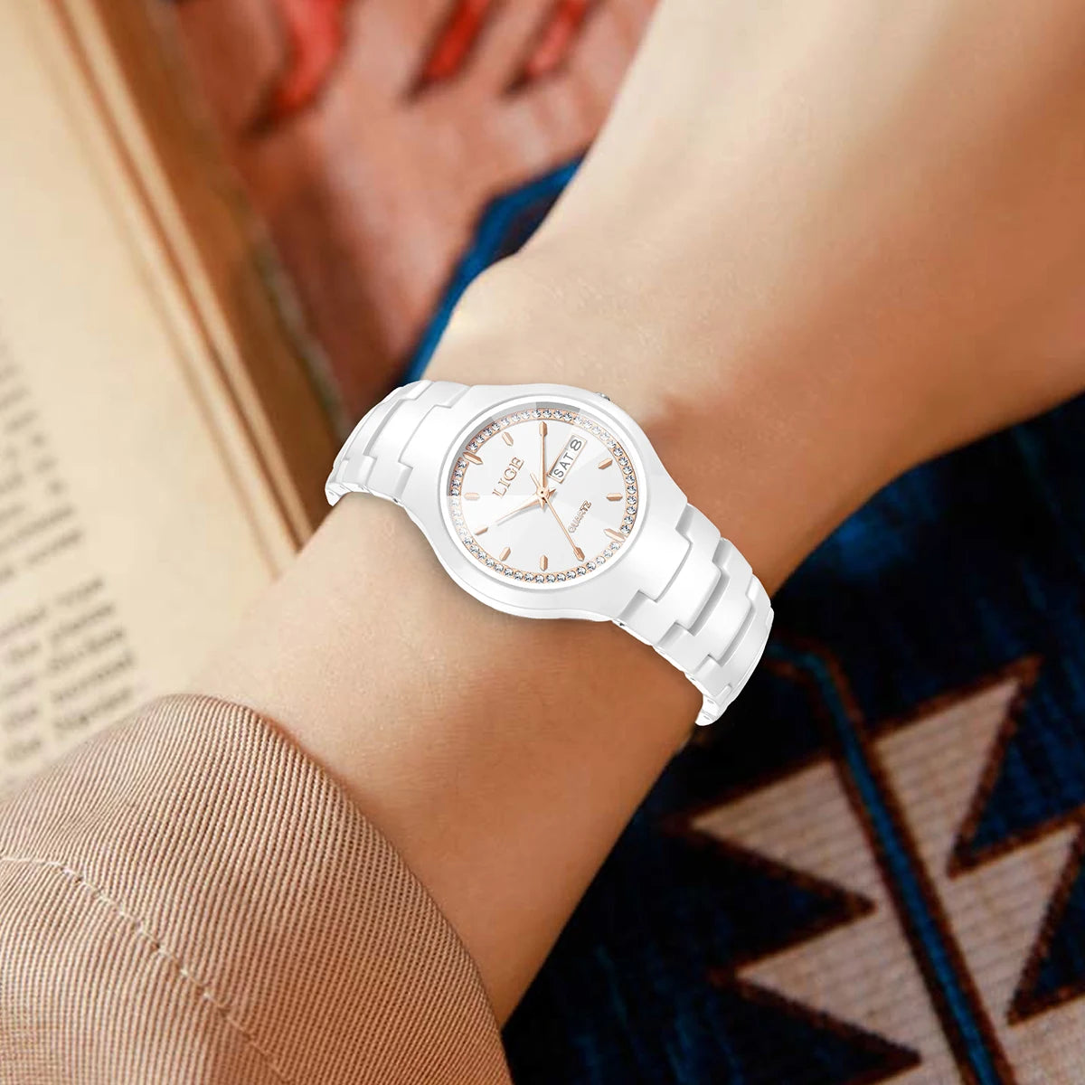 LIGE Brand Woman Watch Ceramics Strap Simple Waterproof Calendar Week Quartz Watches for Women Elegant Ladies Bracelet for Gifts