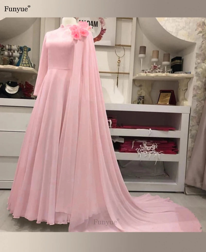 Customized Muslim Long Sleeve Wedding Dresses A-Line Vestido De Noiva Flowers Chiffon Elegant Dubai Arabic Hajab Bridal Gowns