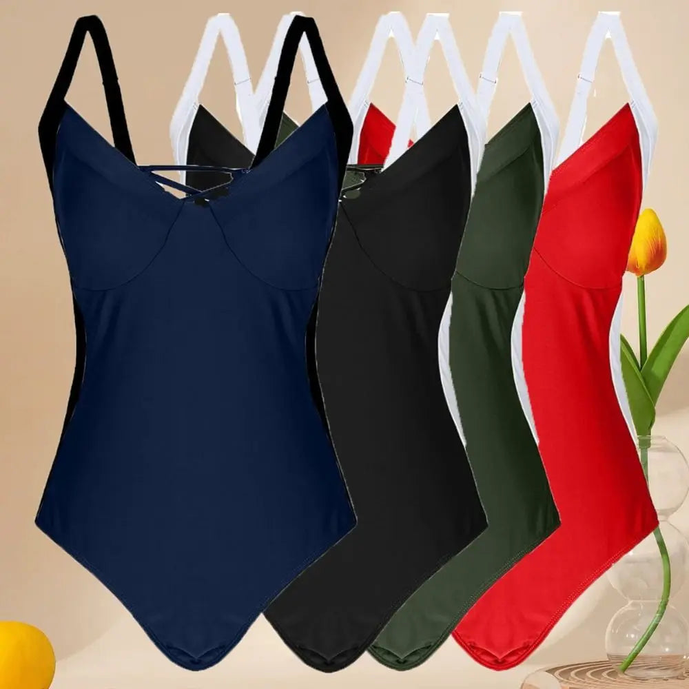 Fashion Patchwork Bodysuit Swimsuit Slim Fit Hollow Bathing Swimwear V-neck Beachwear Clothing Jumpsuit Bikini Ladies