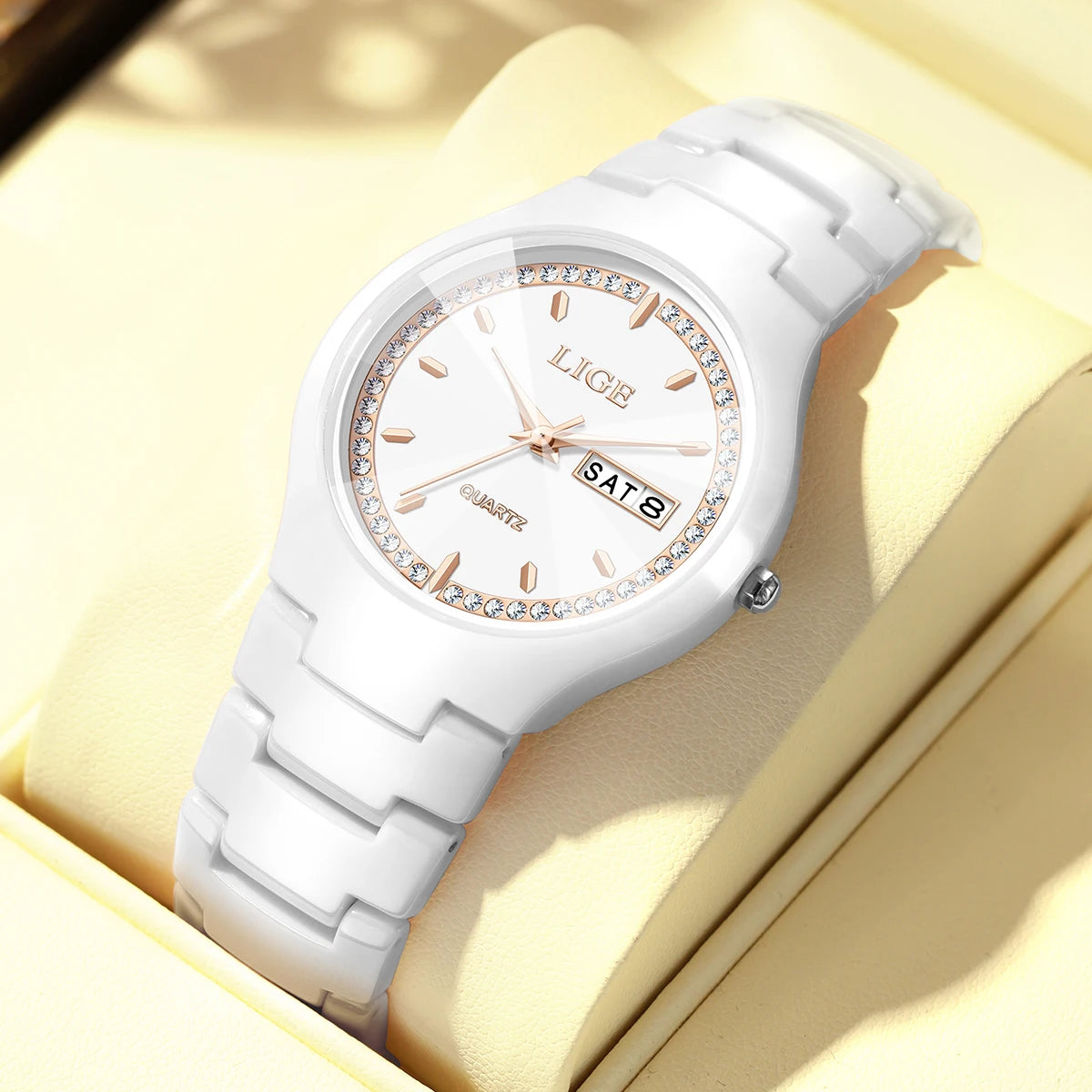 LIGE Brand Woman Watch Ceramics Strap Simple Waterproof Calendar Week Quartz Watches for Women Elegant Ladies Bracelet for Gifts