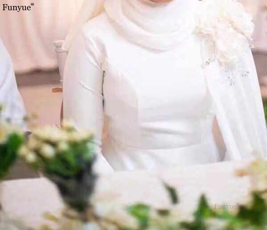 Customized Muslim Long Sleeve Wedding Dresses A-Line Vestido De Noiva Flowers Chiffon Elegant Dubai Arabic Hajab Bridal Gowns