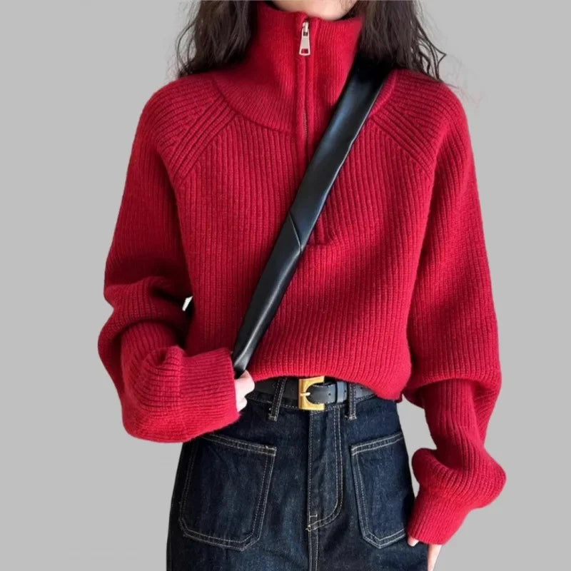 Red Thickened Short Knitted Sweater Women's Half High Collar Zipper Design Spring New Loose Fit High Waist Mmao Knitwear