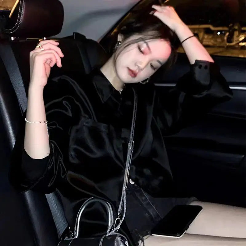 Spring White Satin Women Shirts Long Sleeve Button Solid Color Blouse Casual Office Lady Shirt Elegant Female Tops Fashion