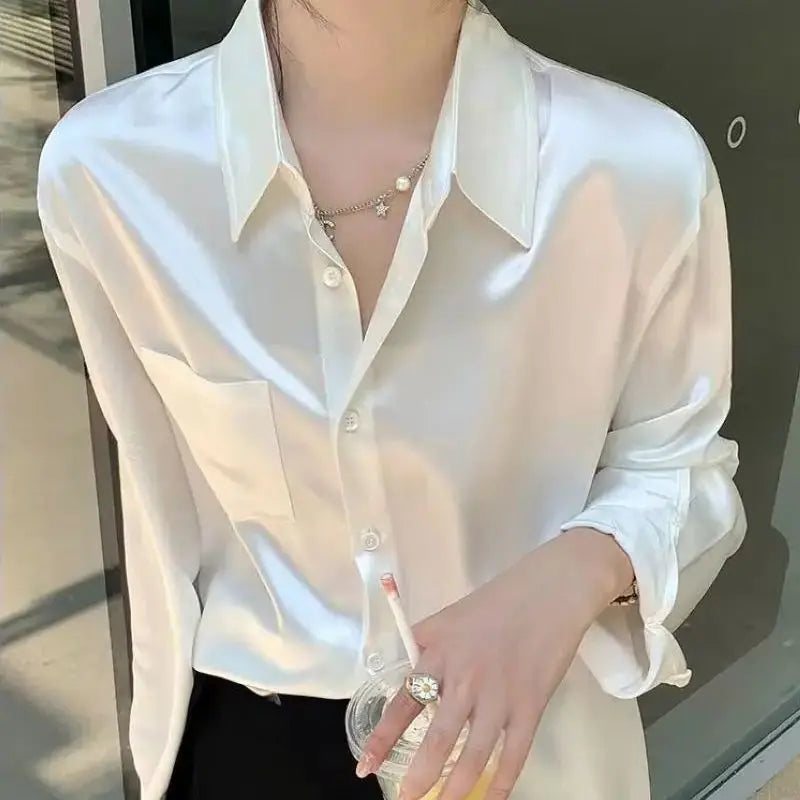 Spring White Satin Women Shirts Long Sleeve Button Solid Color Blouse Casual Office Lady Shirt Elegant Female Tops Fashion