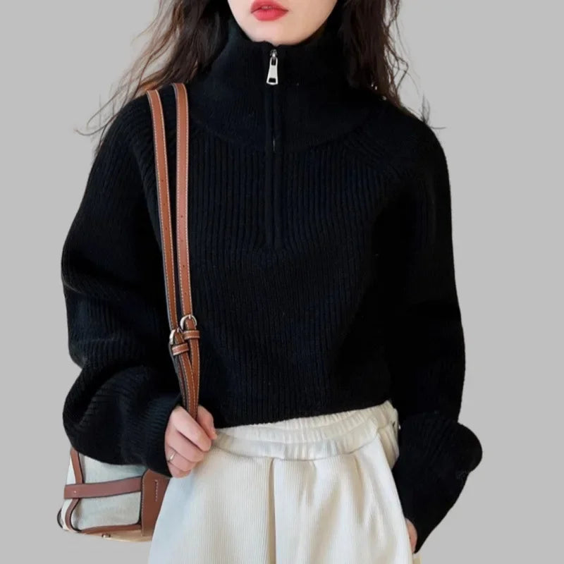 Red Thickened Short Knitted Sweater Women's Half High Collar Zipper Design Spring New Loose Fit High Waist Mmao Knitwear
