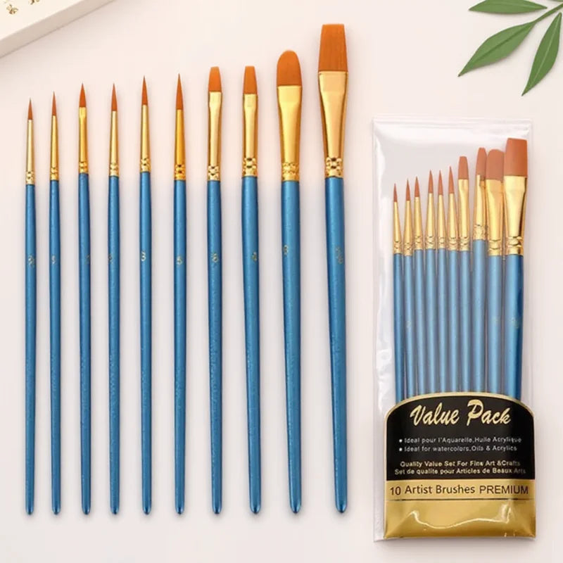 10Pcs Nylon Hair Paint Brushes Set for Painting by Numbers Watercolor Gouache Art Supplies Different Shapes Round Tip