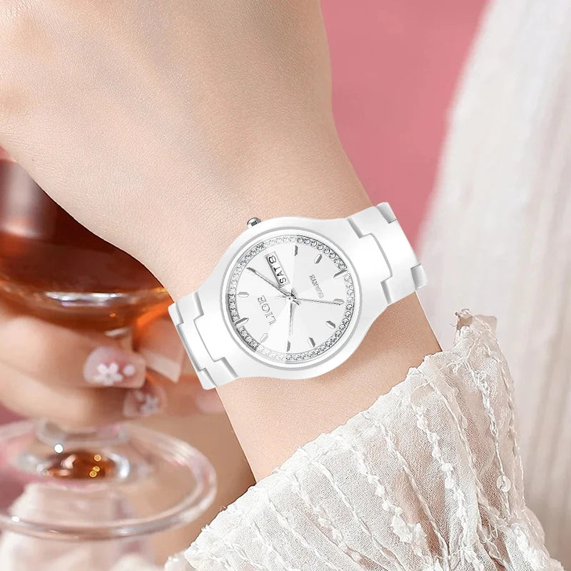 LIGE Brand Woman Watch Ceramics Strap Simple Waterproof Calendar Week Quartz Watches for Women Elegant Ladies Bracelet for Gifts