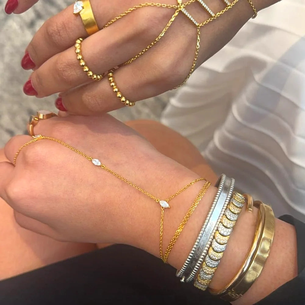 2025 New Geometric Marquise Cubic Zirconia CZ Paved Double Wrist Hand Chain Bracelet Simple Fashion Women Finger Slave Jewelry