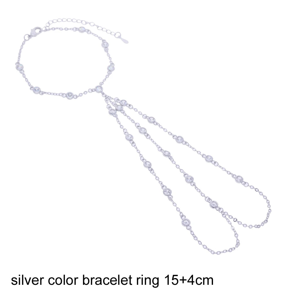 2025 New Geometric Marquise Cubic Zirconia CZ Paved Double Wrist Hand Chain Bracelet Simple Fashion Women Finger Slave Jewelry