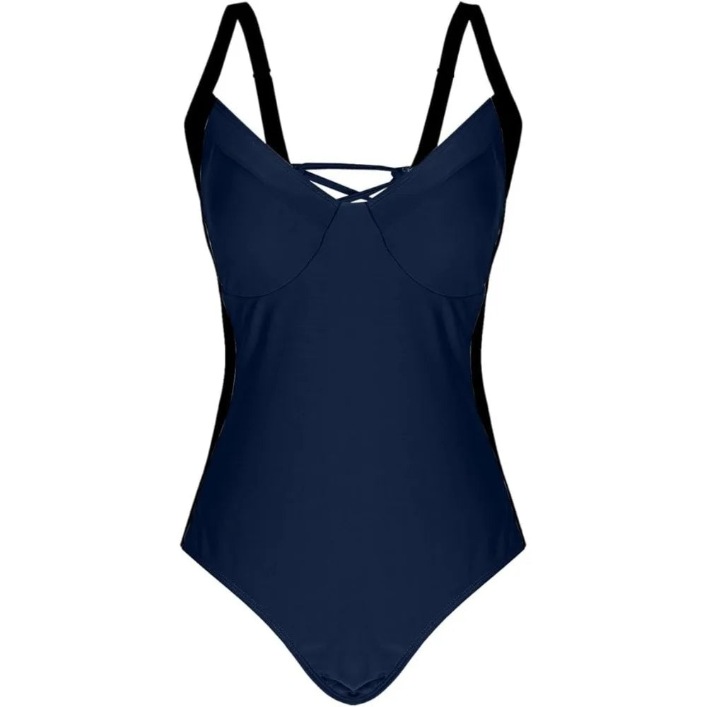 Fashion Patchwork Bodysuit Swimsuit Slim Fit Hollow Bathing Swimwear V-neck Beachwear Clothing Jumpsuit Bikini Ladies