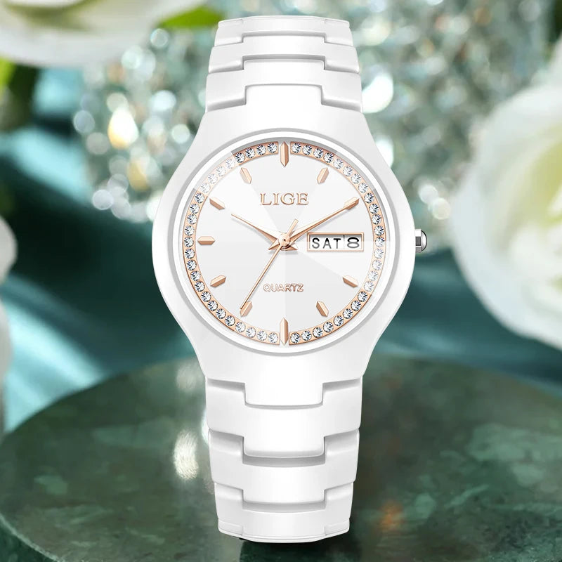 LIGE Brand Woman Watch Ceramics Strap Simple Waterproof Calendar Week Quartz Watches for Women Elegant Ladies Bracelet for Gifts