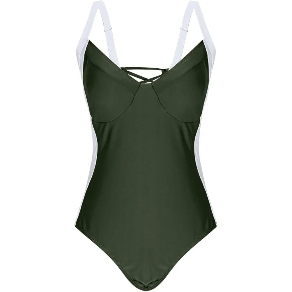 Fashion Patchwork Bodysuit Swimsuit Slim Fit Hollow Bathing Swimwear V-neck Beachwear Clothing Jumpsuit Bikini Ladies