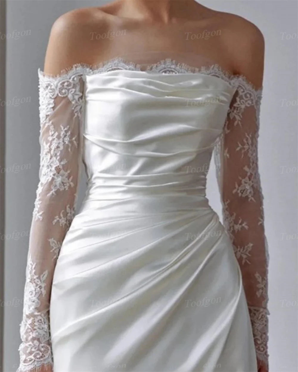 Toofgon Customized Lace Long Sleeves Wedding Dresses Sheath Pleats Spandex Satin Wedding Bridal Gowns Bride Formal Party Dress
