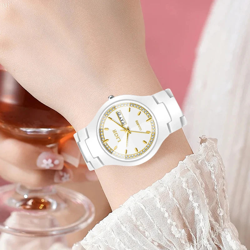 LIGE Brand Woman Watch Ceramics Strap Simple Waterproof Calendar Week Quartz Watches for Women Elegant Ladies Bracelet for Gifts