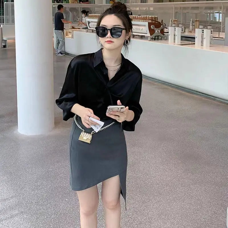 Spring White Satin Women Shirts Long Sleeve Button Solid Color Blouse Casual Office Lady Shirt Elegant Female Tops Fashion
