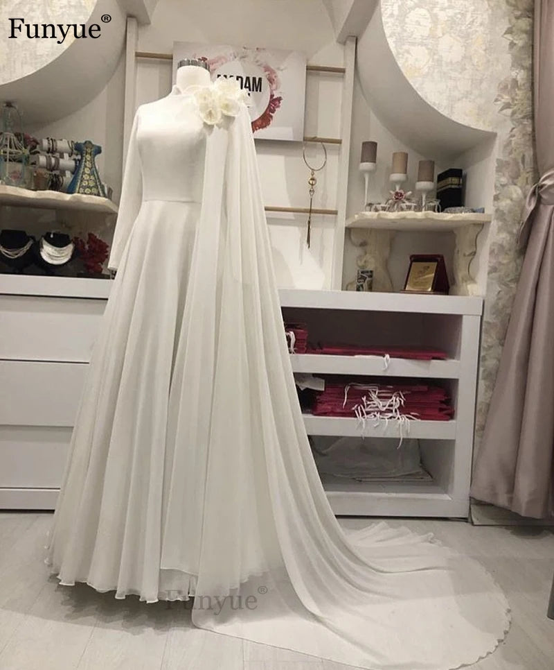 Customized Muslim Long Sleeve Wedding Dresses A-Line Vestido De Noiva Flowers Chiffon Elegant Dubai Arabic Hajab Bridal Gowns