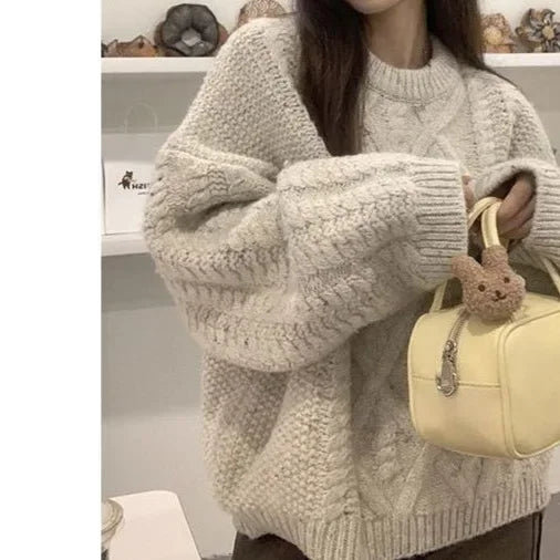 Thickened Autumn Winter Vintage Twisted Sweater Women's Loose Lazy Style round Neck Knitted Short Top Crew Neck Knitwear