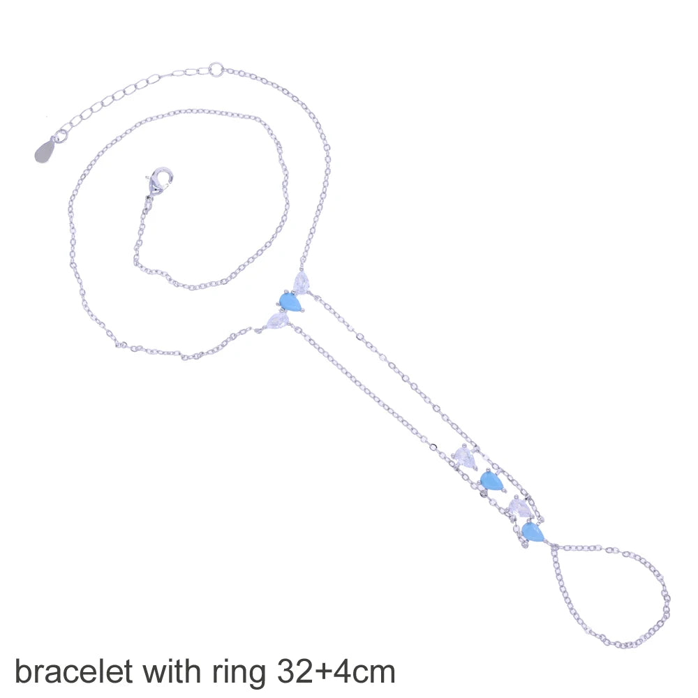 2025 New Geometric Marquise Cubic Zirconia CZ Paved Double Wrist Hand Chain Bracelet Simple Fashion Women Finger Slave Jewelry