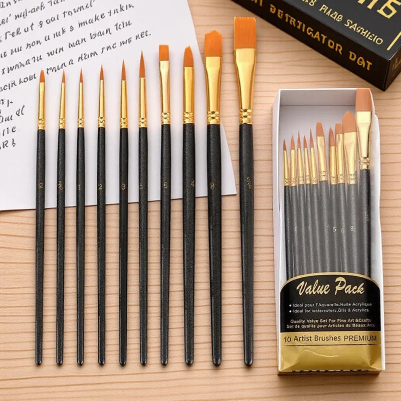 10Pcs Nylon Hair Paint Brushes Set for Painting by Numbers Watercolor Gouache Art Supplies Different Shapes Round Tip